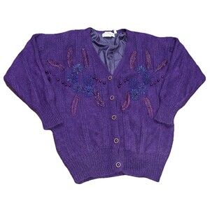 Vintage soft mohair blend Cardigan Sweater Lined Womens L purple beading floral